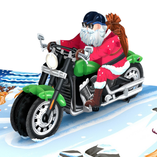 Christmas pop up card - Father Christmas on motorcycle