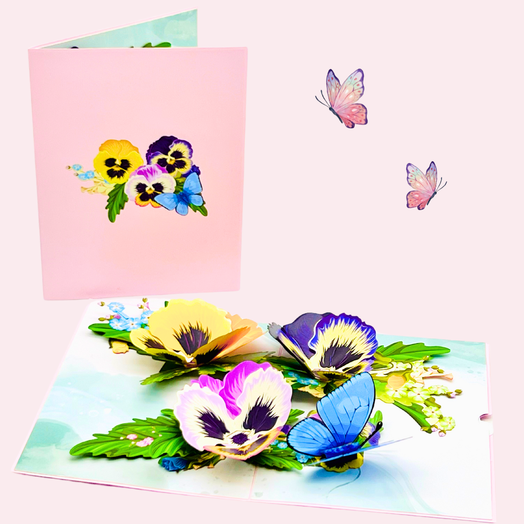 Pansy and butterfly pop up card, Mother's day 3D greeting card, Birthday, Get well soon