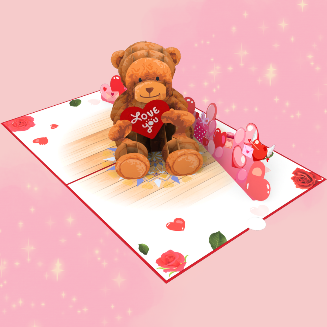 Love Bear pop up card Cuddly Love - Teddy Bear and Hearts 3D Pop-Up Card Valentines Day Anniversary Wedding Engagement greeting card