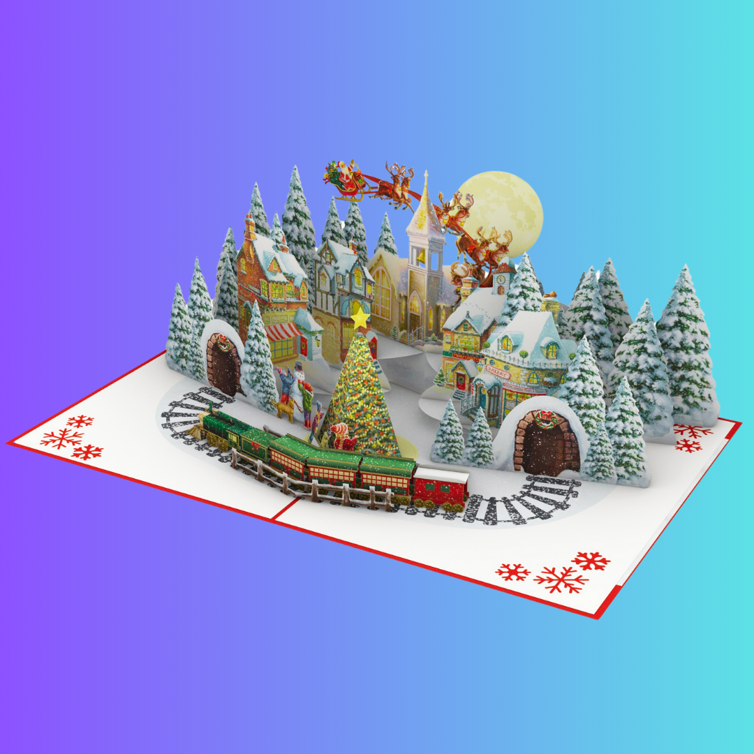 Christmas Village and train, Santa on sleigh and reindeer 3D pop up greeting card