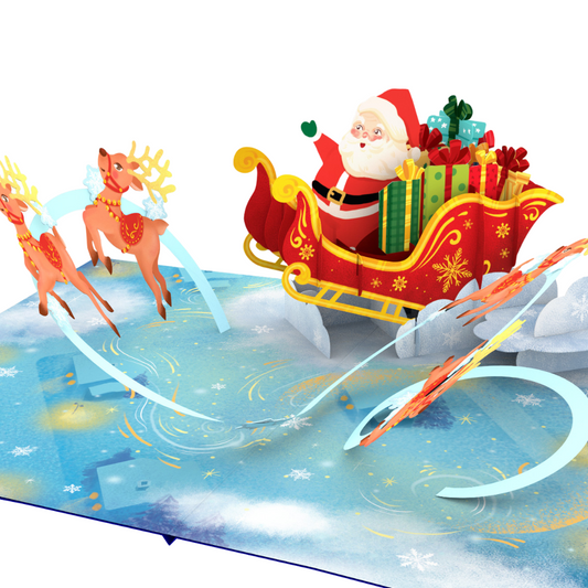 Christmas Santa on sleigh with reindeers 3D pop up greeting card