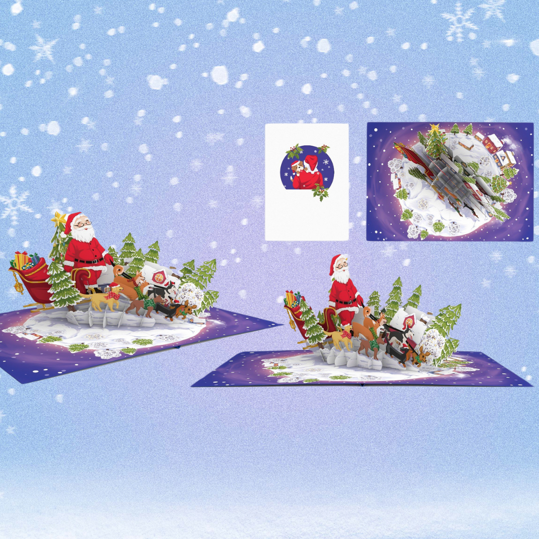 Christmas Santa's dogs walk 3D pop up greeting card