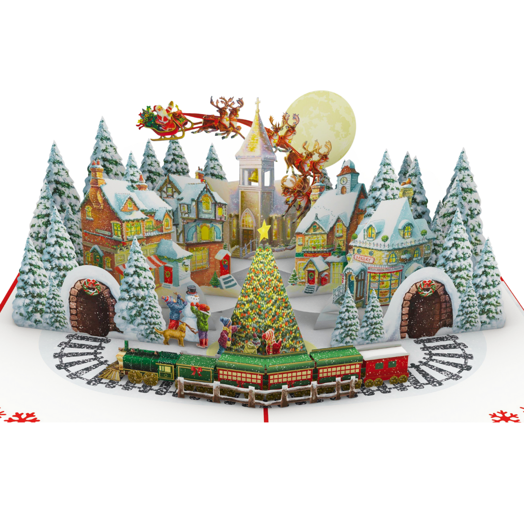 Christmas Village and train, Santa on sleigh and reindeer 3D pop up greeting card