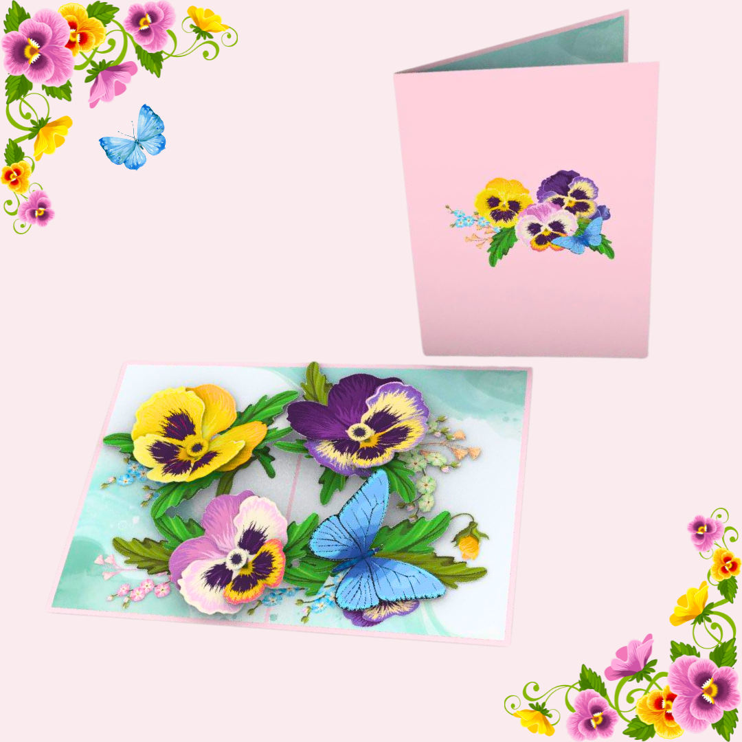 Pansy and butterfly pop up card, Mother's day 3D greeting card, Birthday, Get well soon