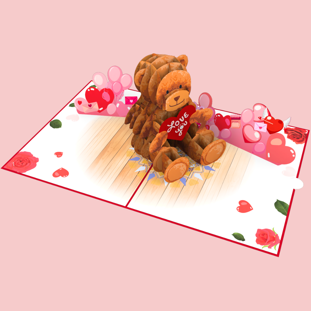 Love Bear pop up card Cuddly Love - Teddy Bear and Hearts 3D Pop-Up Card Valentines Day Anniversary Wedding Engagement greeting card