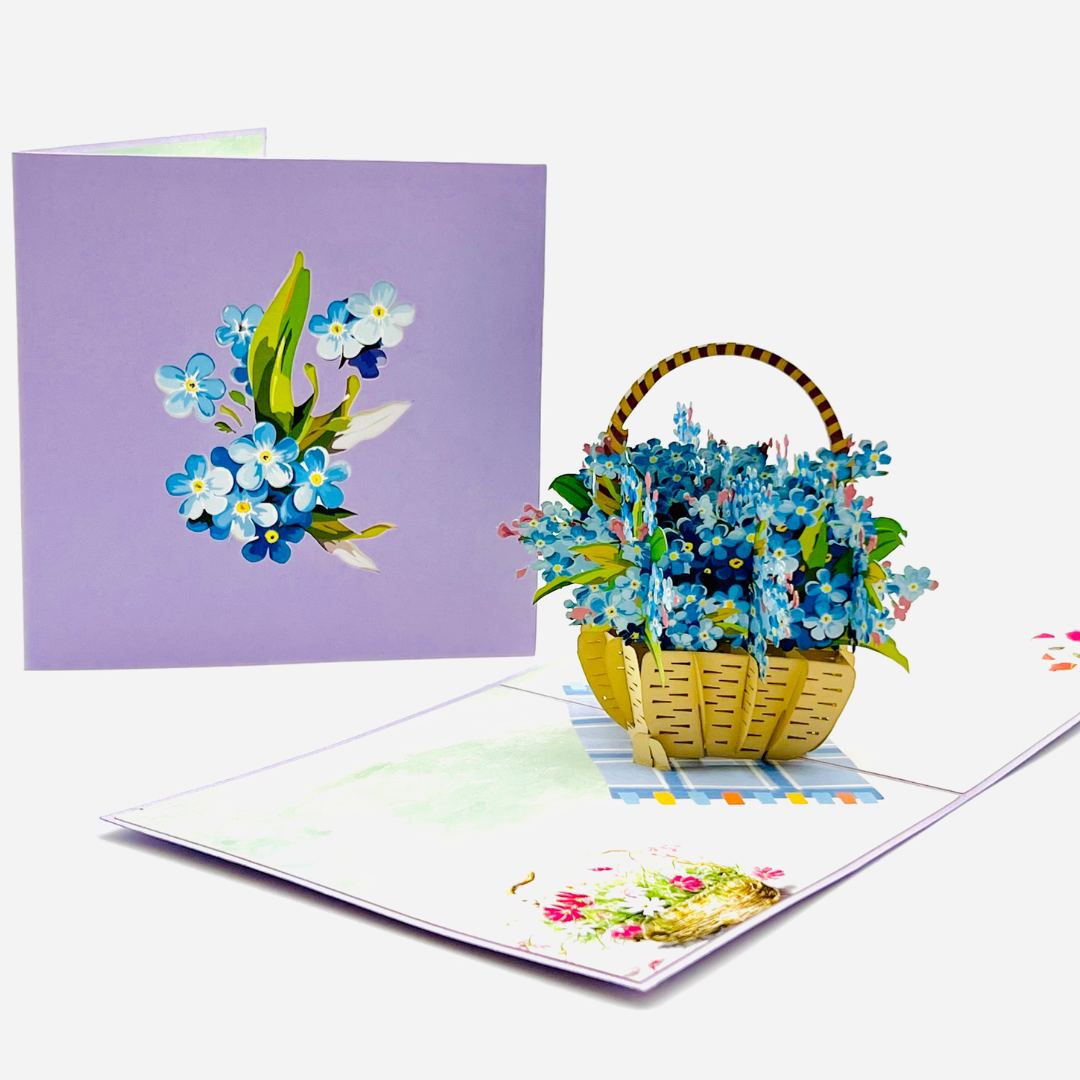 Blue forget me nots basket pop up card, Flowers Mothers Day pop up card, 3D flower cards for any occasions