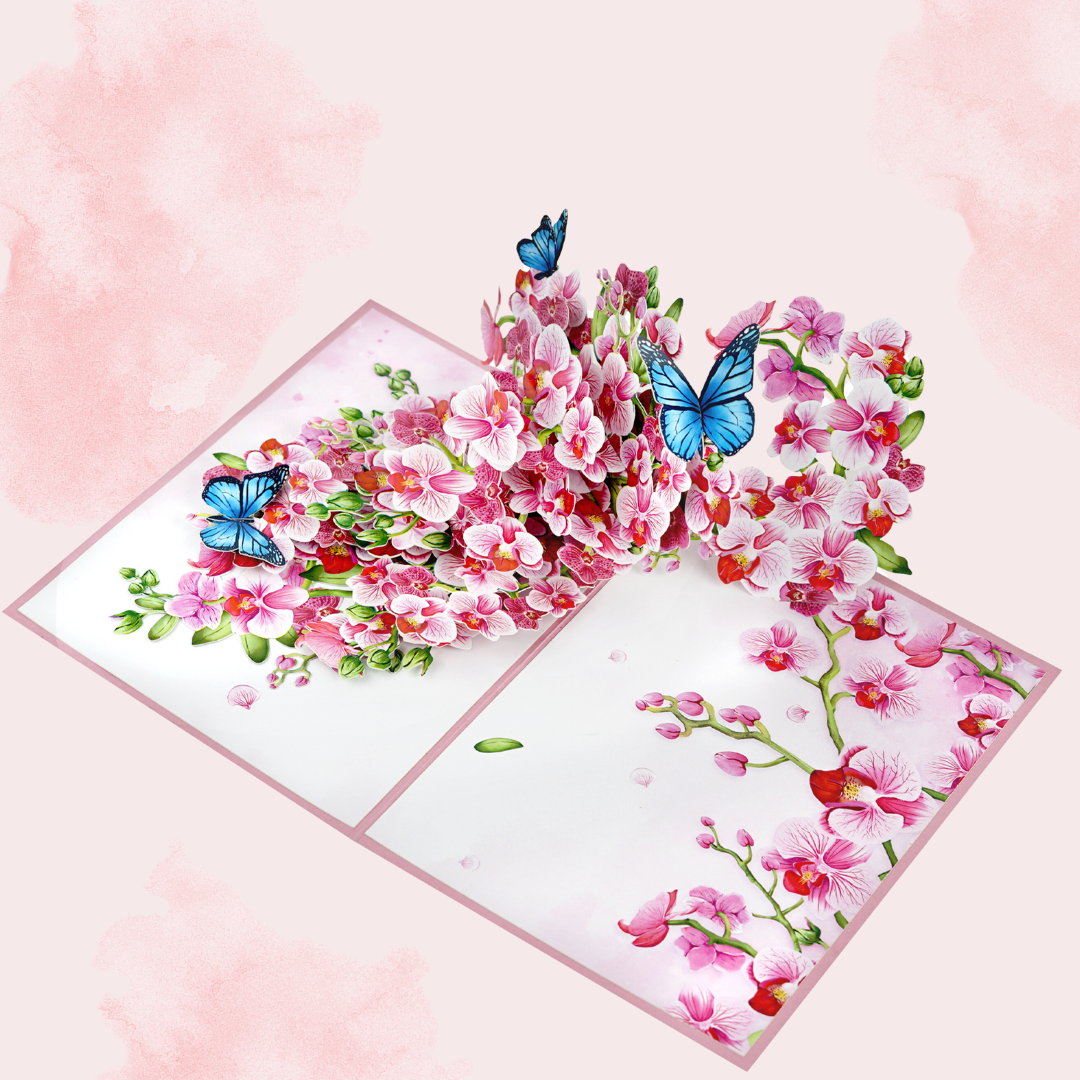 Orchid Blossom and Blue Butterflies Pop-Up Card for her women 3D birthday, thinking of you, get well soon, Mother's day card