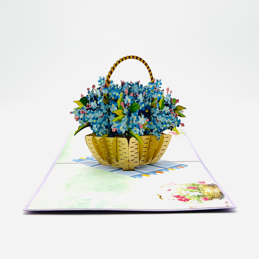 Blue forget me nots basket pop up card, Flowers Mothers Day pop up card, 3D flower cards for any occasions