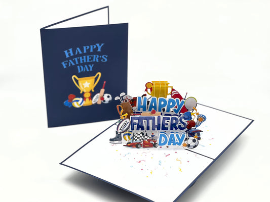 Father's Day Pop Up Card – A Celebration of British Sports for Sports Loving Dads, Featuring Football, Rugby, Cricket, Boxing, Formula 1, Tennis, Motorcycle Racing, and Trophy