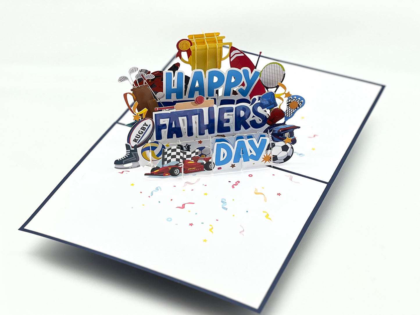 Father's Day Pop Up Card – A Celebration of British Sports for Sports Loving Dads, Featuring Football, Rugby, Cricket, Boxing, Formula 1, Tennis, Motorcycle Racing, and Trophy