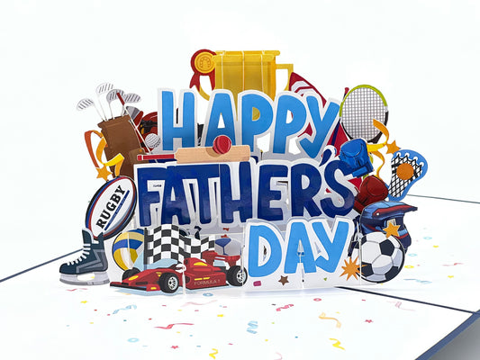 Father's Day Pop Up Card – A Celebration of British Sports for Sports Loving Dads, Featuring Football, Rugby, Cricket, Boxing, Formula 1, Tennis, Motorcycle Racing, and Trophy