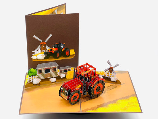 Charming Red Tractor 3D Pop Up Card - A Farm Themed Celebration for Birthdays and Father's Day, Featuring Sheep and Windmill - Ideal for Countryside Enthusiasts and Tractor Fans