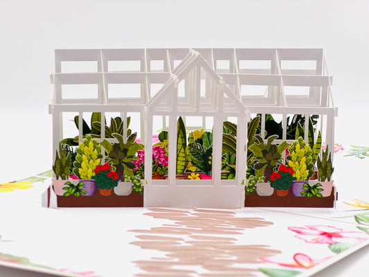 Greenhouse Pop Up Card - Unique 3D Botanical Greeting for Birthdays, Mother's and Father's Day, Perfect for Gardeners and Plant Lovers, Featuring Potted Plants, Flowers, and Garden Path
