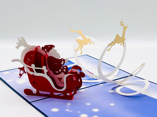 Christmas Santa on sleigh 3D pop up greeting cards for family, friends, kids