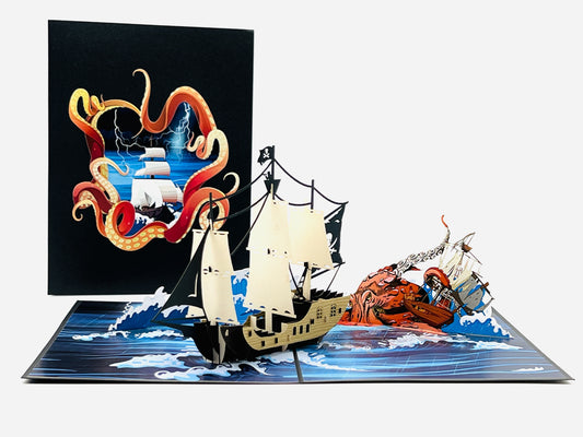 Kraken and pirate ship pop up card