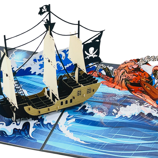 Kraken and pirate ship birthday pop up card for men, father, uncle, brother, Father's day, 3D greeting card for him