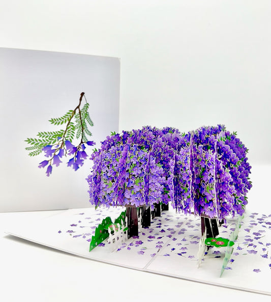 A stunning jacaranda avenue pop up card, handcrafted for a unique experience. Also showing the front cover with the flowers