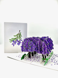 A pop up jacaranda avenue card that is sure to bring a smile to anyone's face. Also showing the front of the card