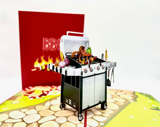3D BBQ grill pop up card with realistic grill, burgers, and hot dogs, perfect for Father's Day or Summer celebrations