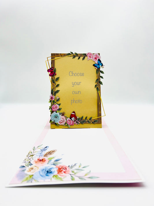 Choose your own photo to be inserted into this pop up card frame surrounded by roses and butterflies