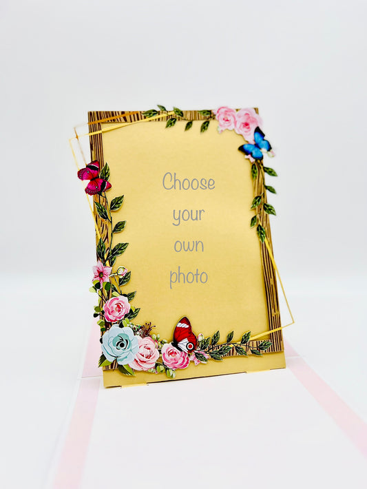 Choose your own photo to be inserted into this frame pop up card with a unique and elegant design