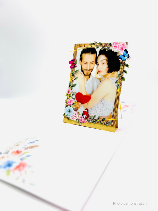 Frame pop up card with a beautiful floral design, this shows a photo in place