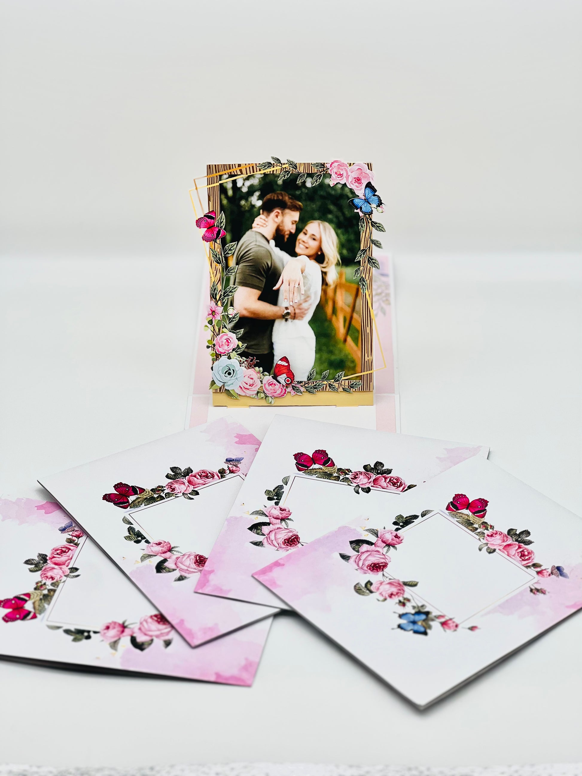 Customisable frame wedding invitation card showing photo of happy couple. A beautiful keepsake for your guests.