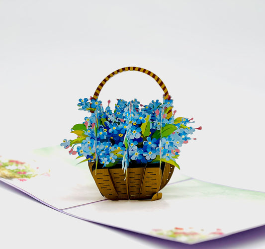 Blue forget me nots basket pop up card, Flowers Mothers Day pop up card, 3D flower cards for any occasions