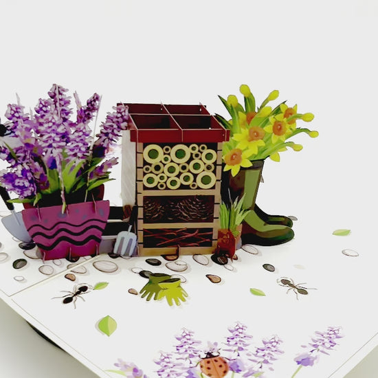 Say it with flowers and a touch of sustainability with this pop up daffodil and lavender bug hotel card