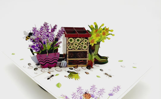 Say it with flowers and a touch of sustainability with this pop up daffodil and lavender bug hotel card